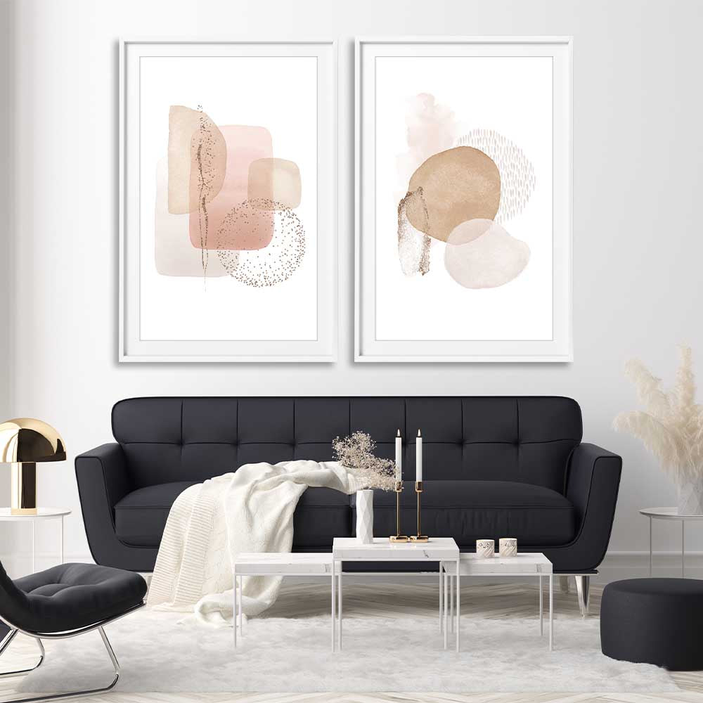 Light Geometric Pair stretched canvas displayed from an angle in a room - part of our high quality canvas abstract wall art collection