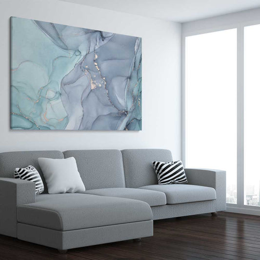 Light Turquoise stretched canvas displayed from an angle in a room - part of our high quality canvas abstract wall art collection