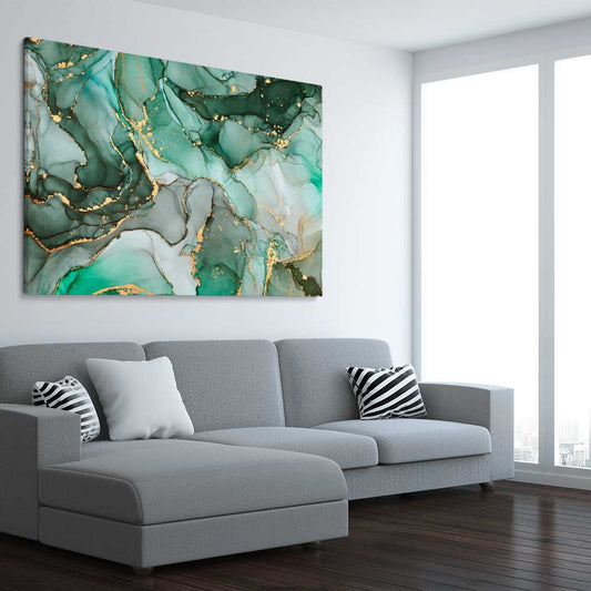 Luxury Turquoise stretched canvas displayed from an angle in a room - part of our high quality canvas abstract wall art collection