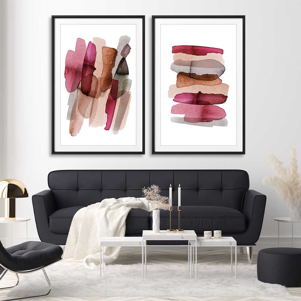 Maroon Tones Pair stretched canvas displayed from an angle in a room - part of our high quality canvas abstract wall art collection