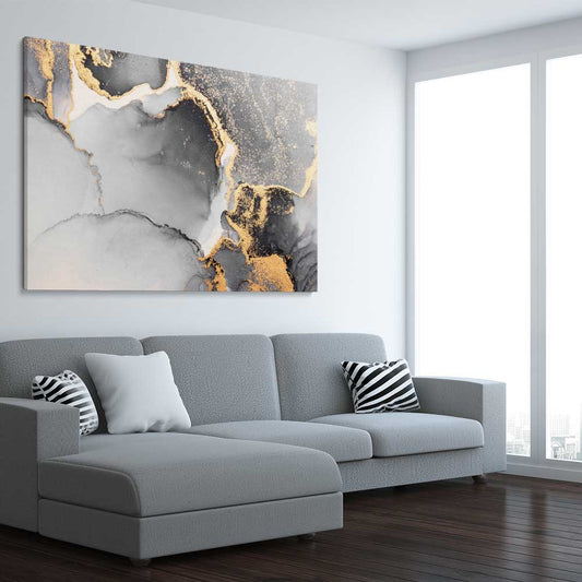 Meandering Greys stretched canvas displayed from an angle in a room - part of our high quality canvas abstract wall art collection
