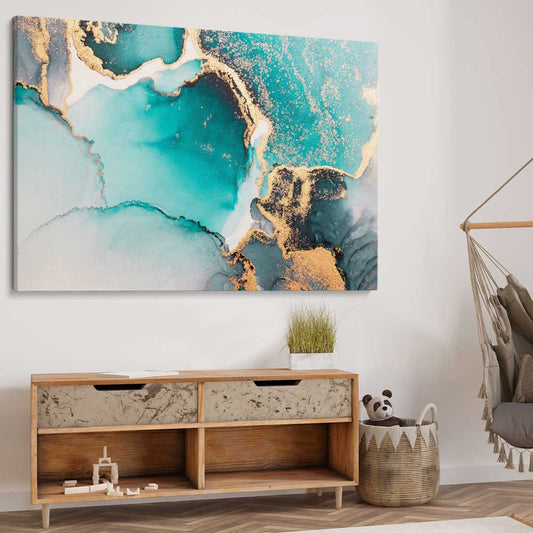 Meandering Turquoise stretched canvas displayed from an angle in a room - part of our high quality canvas abstract wall art collection