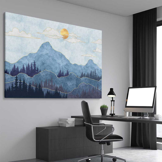 Mountain Silhouette stretched canvas displayed from an angle in a room - part of our high quality canvas abstract wall art collection