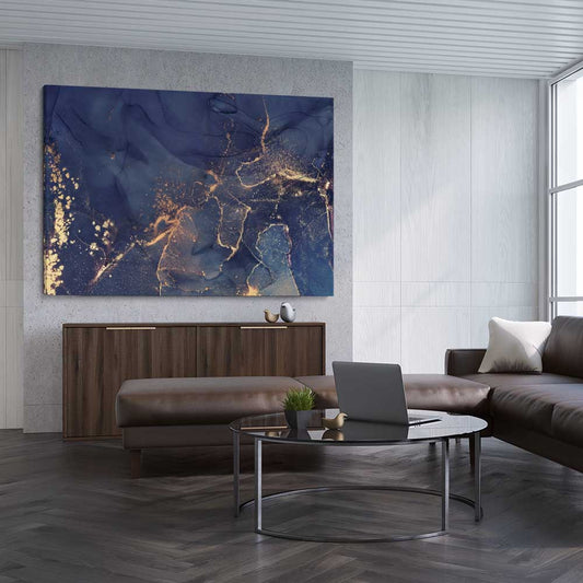 Navy Flow stretched canvas displayed from an angle in a room - part of our high quality canvas abstract wall art collection