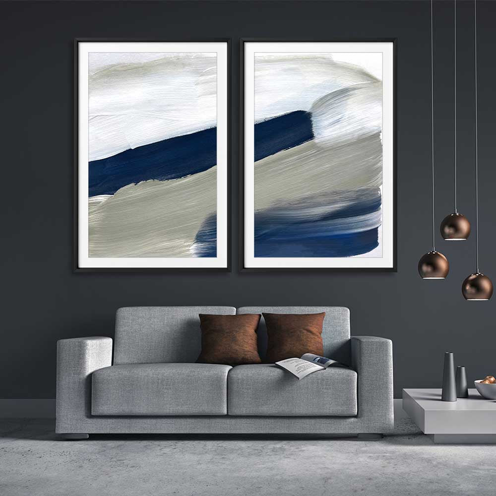 Navy Ocean Pair stretched canvas displayed from an angle in a room - part of our high quality canvas abstract wall art collection