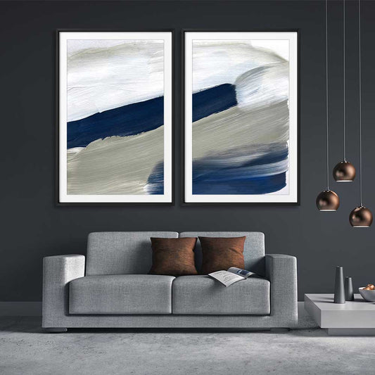Navy Ocean Pair stretched canvas displayed from an angle in a room - part of our high quality canvas abstract wall art collection