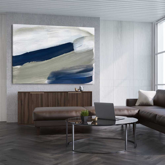 Navy Ocean stretched canvas displayed from an angle in a room - part of our high quality canvas abstract wall art collection