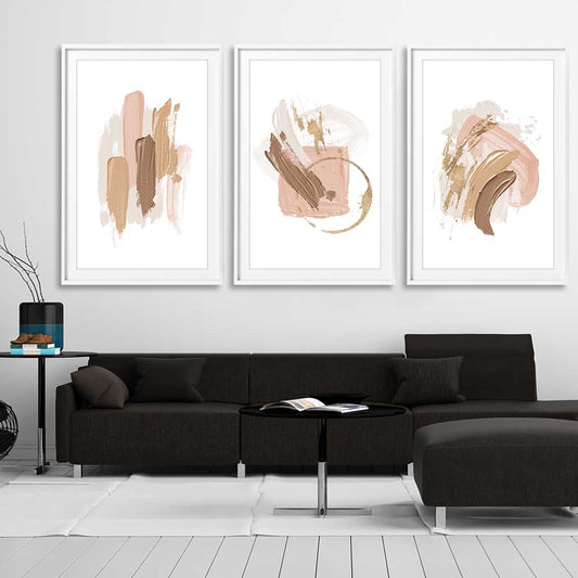 Neutral Strokes Set stretched canvas displayed from an angle in a room - part of our high quality canvas abstract wall art collection