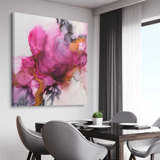 Pink Burst stretched canvas displayed from an angle in a room - part of our high quality canvas abstract wall art collection