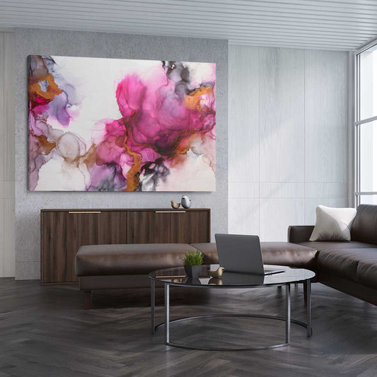Pink Clouds stretched canvas displayed from an angle in a room - part of our high quality canvas abstract wall art collection