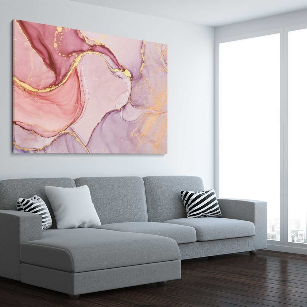 Pink Marble stretched canvas displayed from an angle in a room - part of our high quality canvas abstract wall art collection