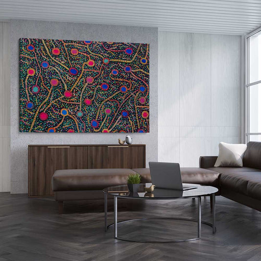 Rebirth's Energy stretched canvas displayed from an angle in a room - part of our high quality canvas abstract wall art collection