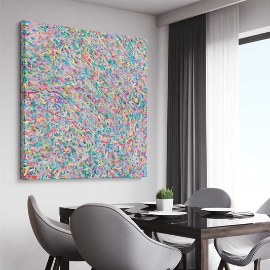 Shine of Fun stretched canvas displayed from an angle in a room - part of our high quality canvas abstract wall art collection