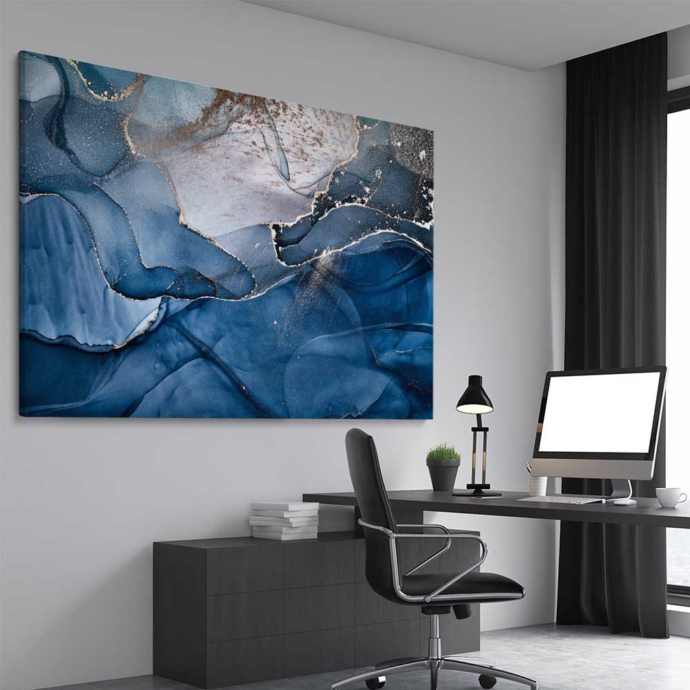Silver Flow stretched canvas displayed from an angle in a room - part of our high quality canvas abstract wall art collection