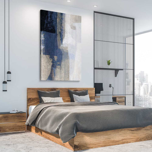 Soft Blue One stretched canvas displayed from an angle in a room - part of our high quality canvas abstract wall art collection