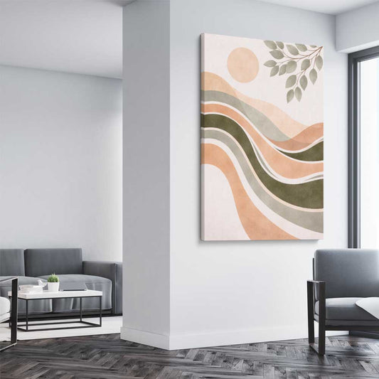 Soft Earth Waves stretched canvas displayed from an angle in a room - part of our high quality canvas abstract wall art collection