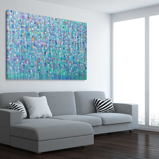 Sparkly Water stretched canvas displayed from an angle in a room - part of our high quality canvas abstract wall art collection