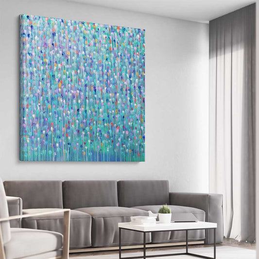 Sparkly Water Square stretched canvas displayed from an angle in a room - part of our high quality canvas abstract wall art collection