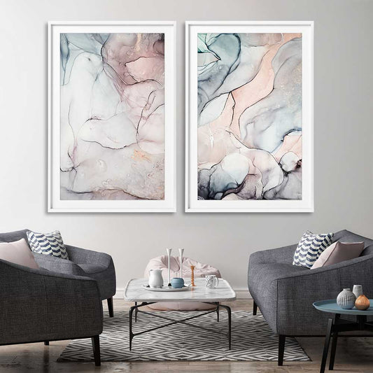Subtle Pink Pair stretched canvas displayed from an angle in a room - part of our high quality canvas abstract wall art collection