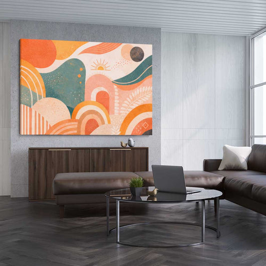 Sunlit Horizons stretched canvas displayed from an angle in a room - part of our high quality canvas abstract wall art collection