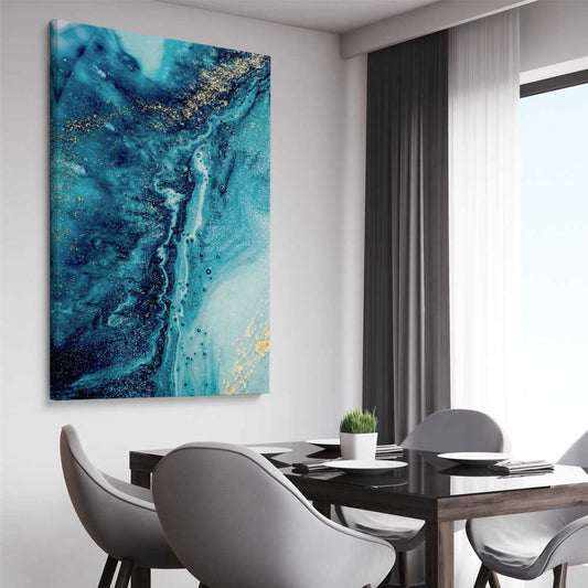 Turquoise Current stretched canvas displayed from an angle in a room - part of our high quality canvas abstract wall art collection