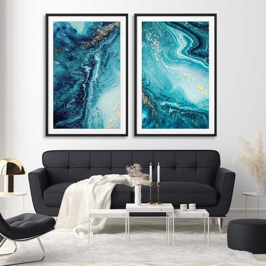 Turquoise Ocean Pair stretched canvas displayed from an angle in a room - part of our high quality canvas abstract wall art collection