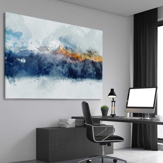 Watercolour Mountains stretched canvas displayed from an angle in a room - part of our high quality canvas abstract wall art collection