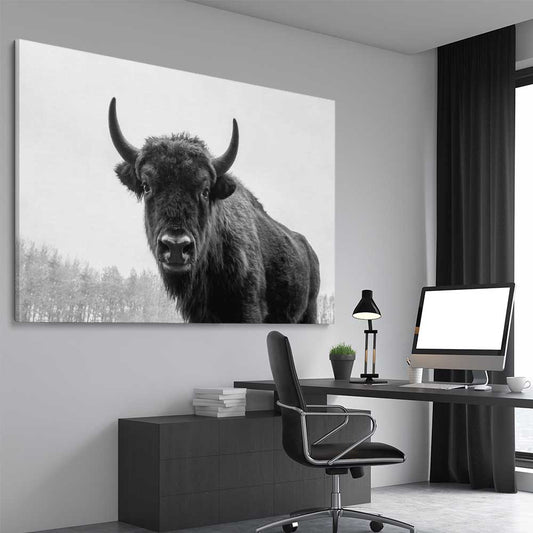 Animal wall art and canvas prints of Buffalo Gaze on a stretched canvas displayed from an angle in a room