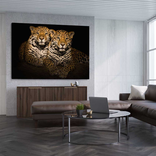 Animal wall art and canvas prints of Calm Jaguar Couple on a stretched canvas displayed from an angle in a room