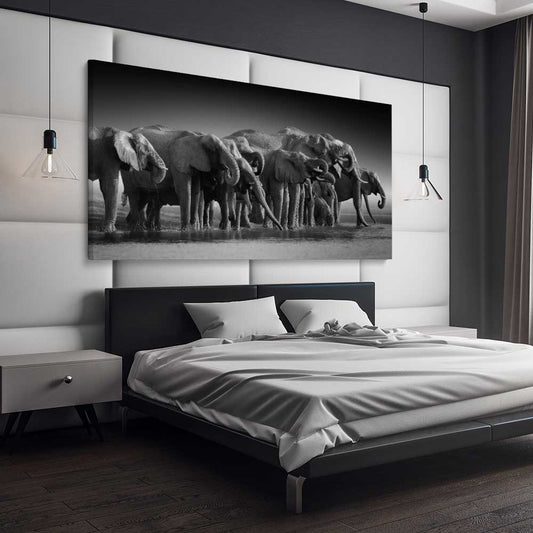 Animal wall art and canvas prints of Elephant Herd on a stretched canvas displayed from an angle in a room