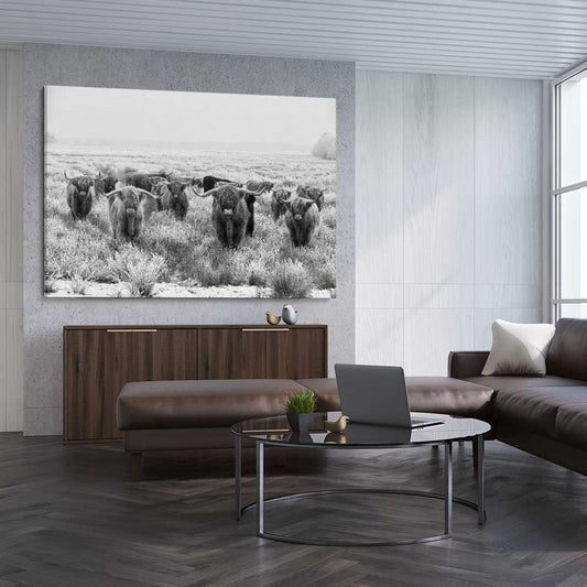 Animal wall art and canvas prints of Highland Monochrome on a stretched canvas displayed from an angle in a room