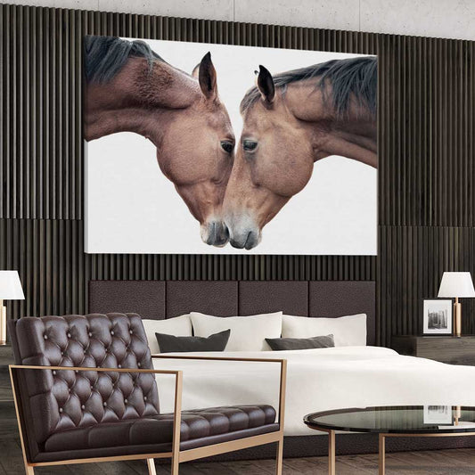 Animal wall art and canvas prints of Horse Affection on a stretched canvas displayed from an angle in a room
