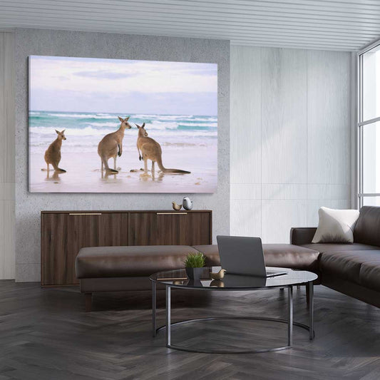 Animal wall art and canvas prints of Kangaroo Couple on a stretched canvas displayed from an angle in a room