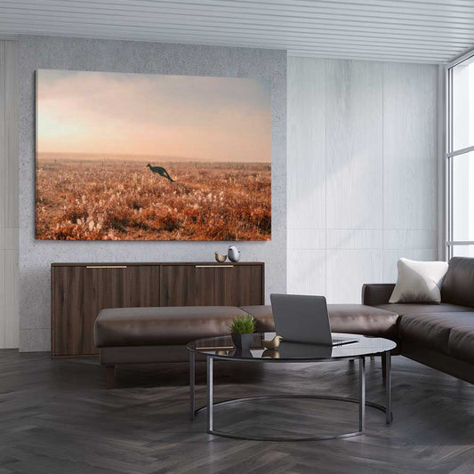 Animal wall art and canvas prints of Kangaroo Desert Horizon on a stretched canvas displayed from an angle in a room