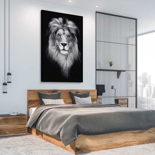 Animal wall art and canvas prints of Lion Gaze on a stretched canvas displayed from an angle in a room