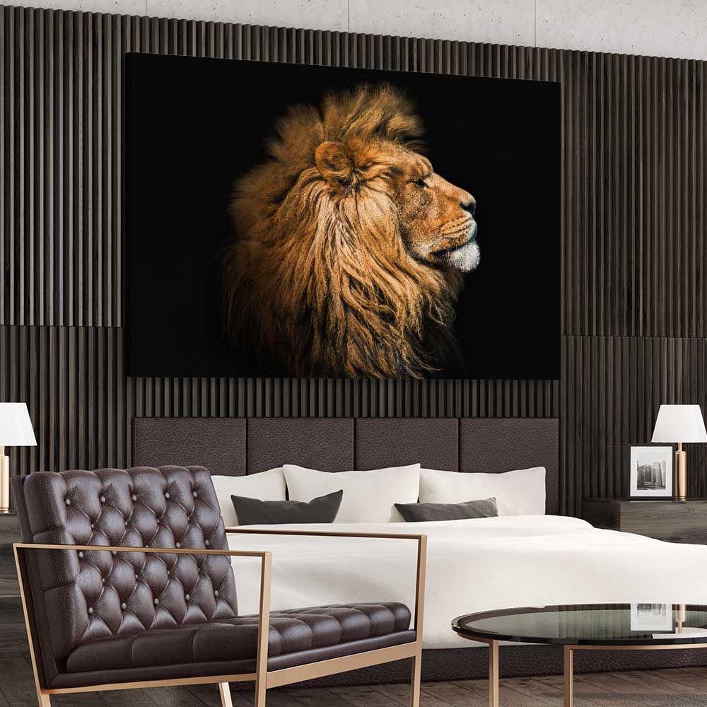 Animal wall art and canvas prints of Lion Mentality on a stretched canvas displayed from an angle in a room