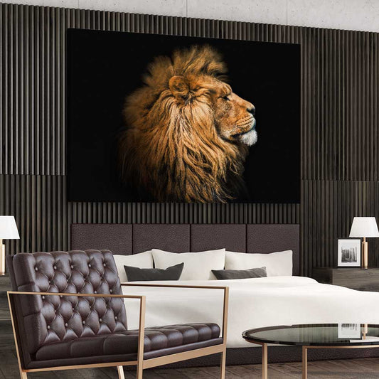 Animal wall art and canvas prints of Lion Mentality on a stretched canvas displayed from an angle in a room