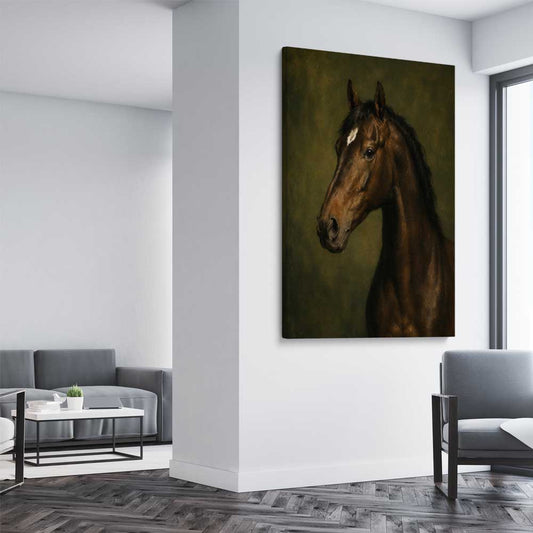 Animal wall art and canvas prints of Midnight Stallion on a stretched canvas displayed from an angle in a room