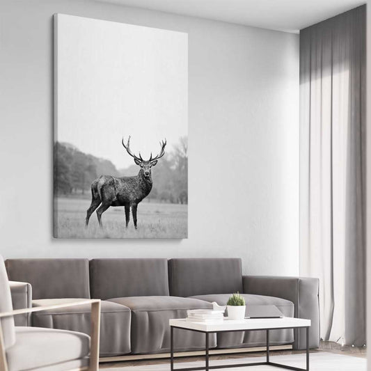 Animal wall art and canvas prints of Roaming Deer on a stretched canvas displayed from an angle in a room