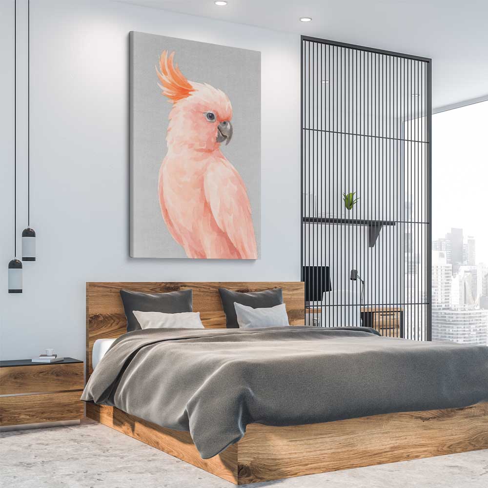 Animal wall art and canvas prints of Salmon-crested Cockatoo on a stretched canvas displayed from an angle in a room