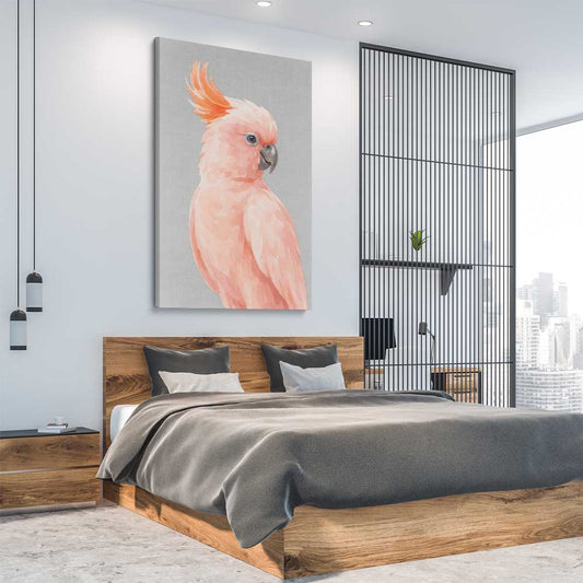 Animal wall art and canvas prints of Salmon-crested Cockatoo on a stretched canvas displayed from an angle in a room