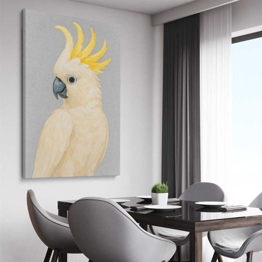 Animal wall art and canvas prints of Sulphur-crested Cockatoo on a stretched canvas displayed from an angle in a room