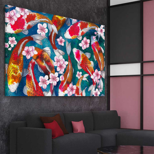 Animal wall art and canvas prints of Watercolour Carp on a stretched canvas displayed from an angle in a room