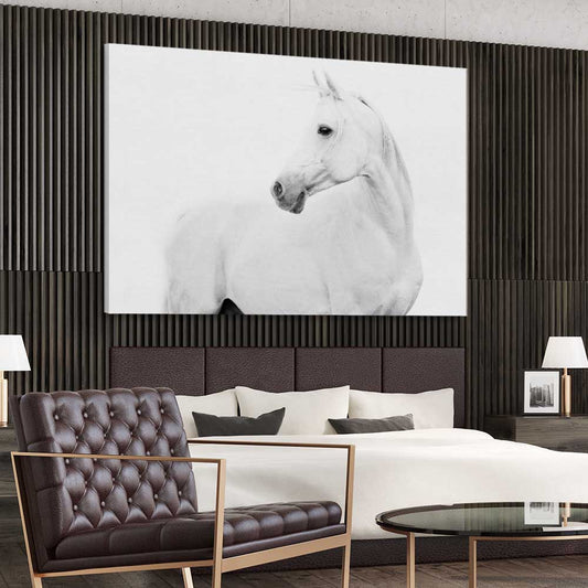 Animal wall art and canvas prints of White Horse on a stretched canvas displayed from an angle in a room