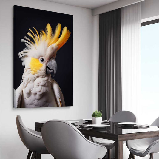 Animal wall art and canvas prints of Yellow Cockatoo One on a stretched canvas displayed from an angle in a room