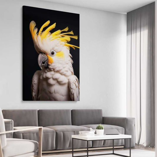 Animal wall art and canvas prints of Yellow Cockatoo Two on a stretched canvas displayed from an angle in a room
