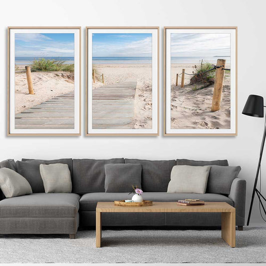 Beach and coastal wall art print of Beautiful Beach Path Set on a stretched canvas displayed from an angle in a room