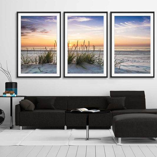 Beach and coastal wall art print of Calming Sunset Set on a stretched canvas displayed from an angle in a room
