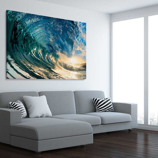 Beach and coastal wall art print of Golden Barrel Wave on a stretched canvas displayed from an angle in a room