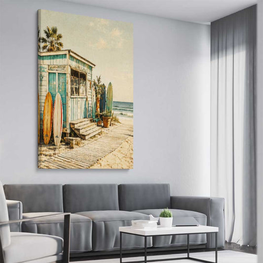 Beach and coastal wall art print of Seaside Surf Shack on a stretched canvas displayed from an angle in a room